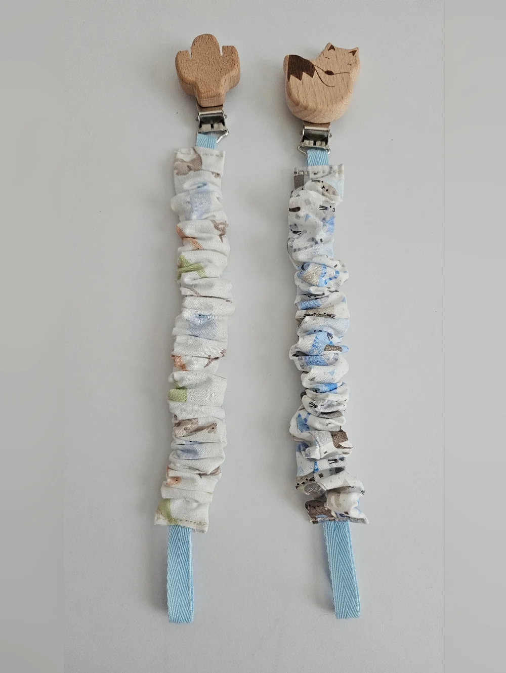Set Wooden Fox & Cactus Pacifier Clips with Scrunchie Fabric - Light Blue Accent